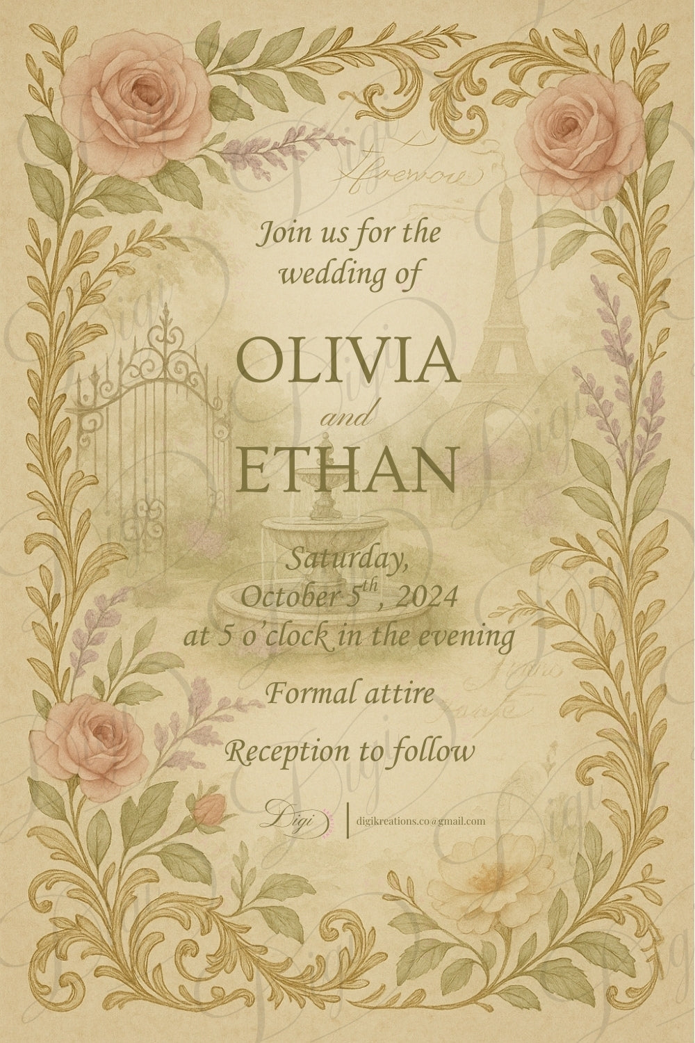 Vintage Paris Wedding Invitation β Editable Canva Template